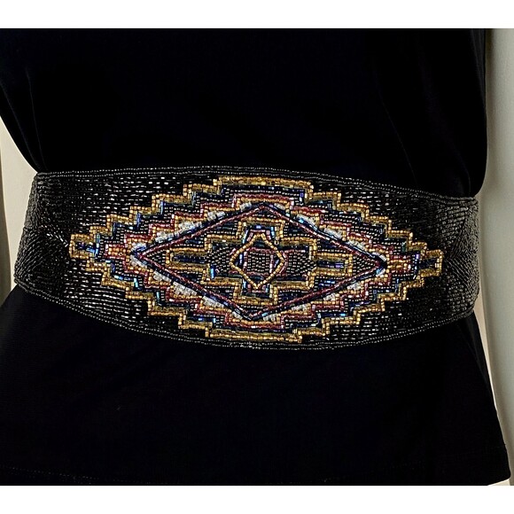 VTG La Regale Beaded Geometric Waist Belt Aztec Metallic Iridescent Beads 1980s main image 9